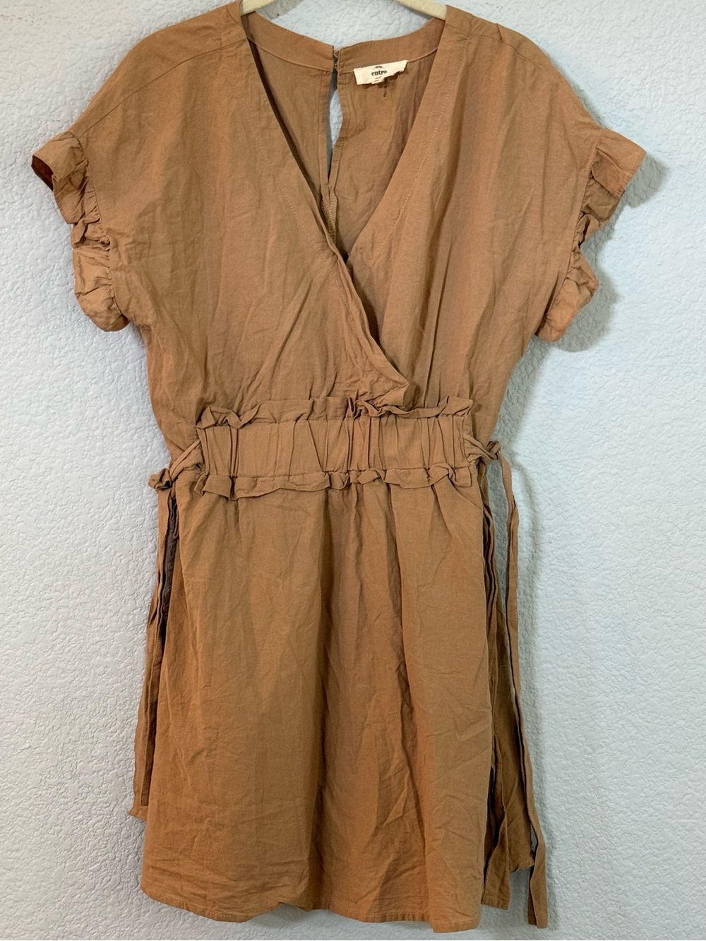 Entro Brown Ruffle Sleeve Wrap Mini Tie Waist M
